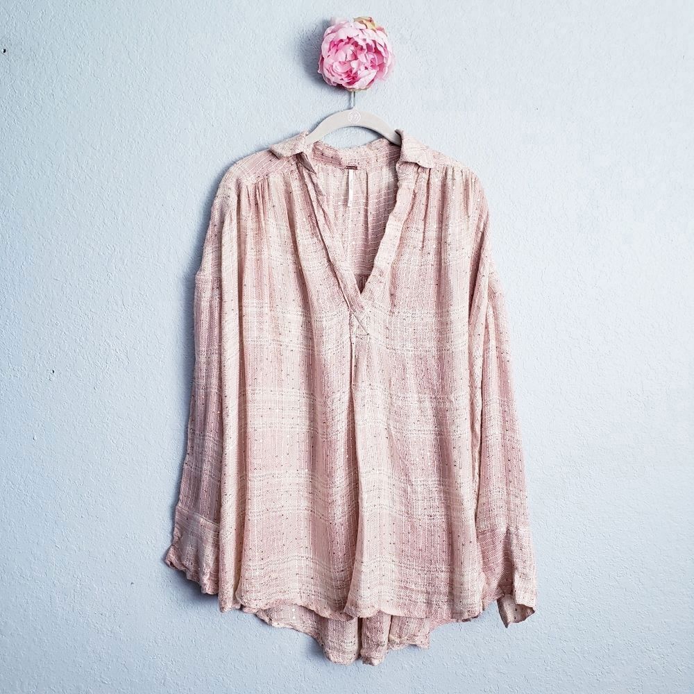 Free People Fearless Love Woven Plaid Sequin Oversized Long Sleeve Top